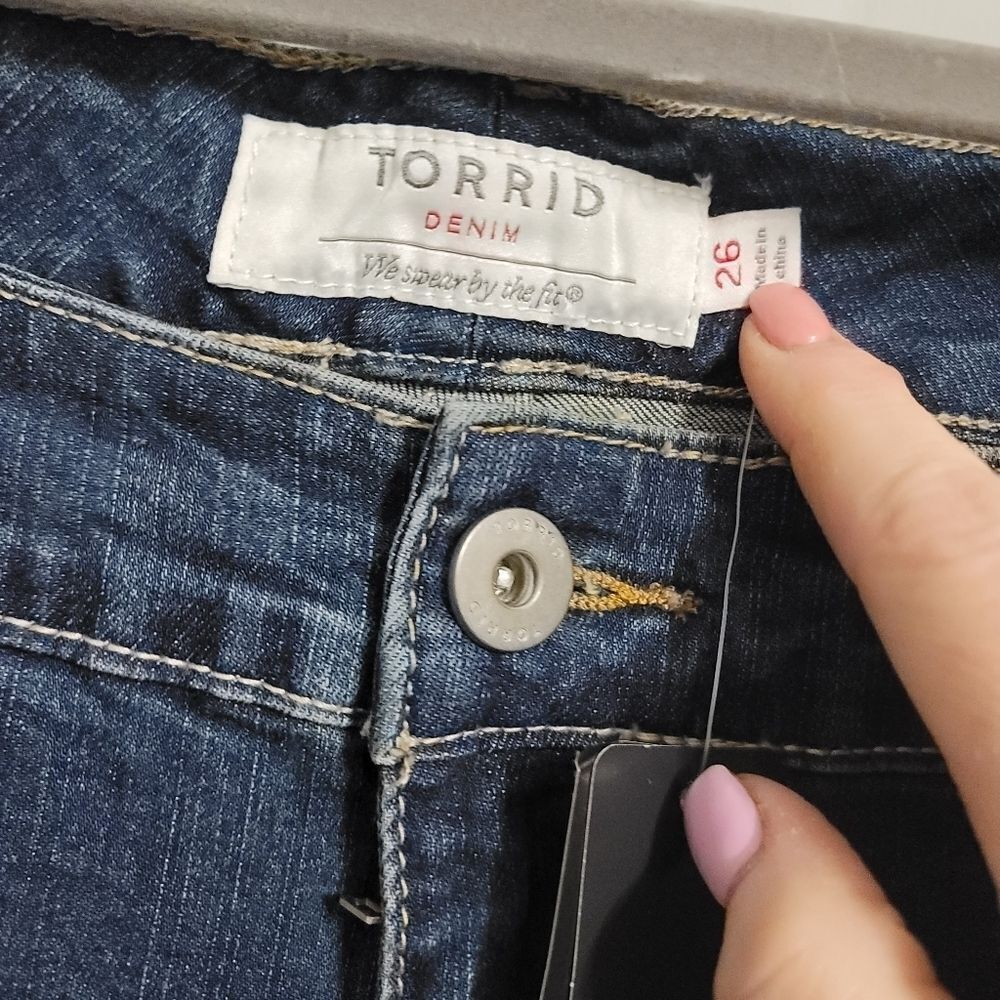TORRID Skinny Short Short - Distressed Dark Wash - Picture 3 of 6